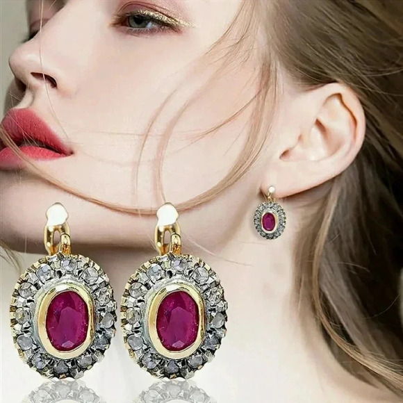 Ruby Red And Cubic Zirconia Chic Classic Events Holiday Party Gift Earrings - Picture 6 of 8